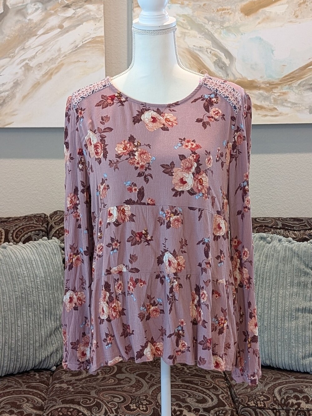Floral Long-Sleeve Tiered Peplum Top - Mauve Floral